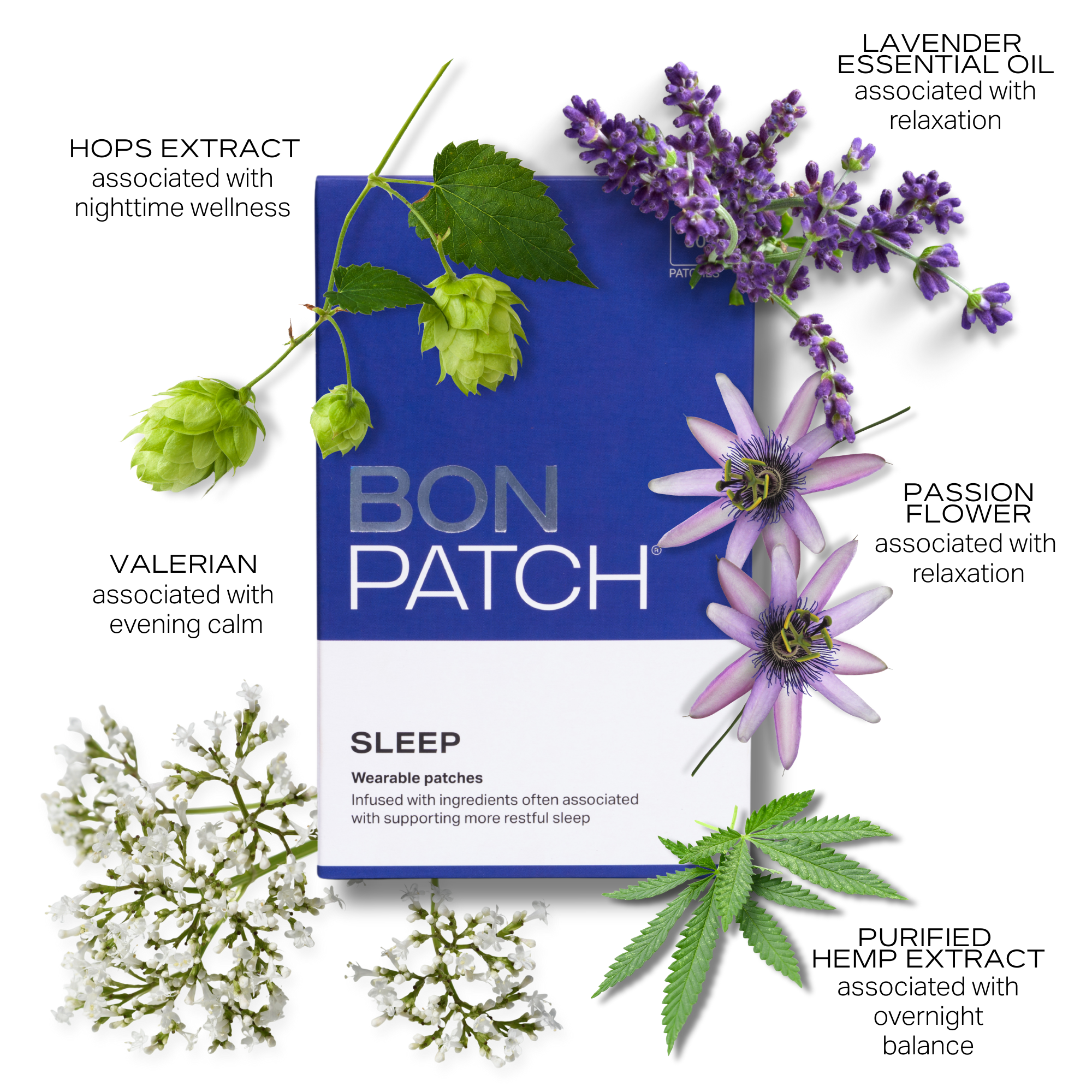 Bon Patch sleep patches packaging with herbs and flowers on a white background
