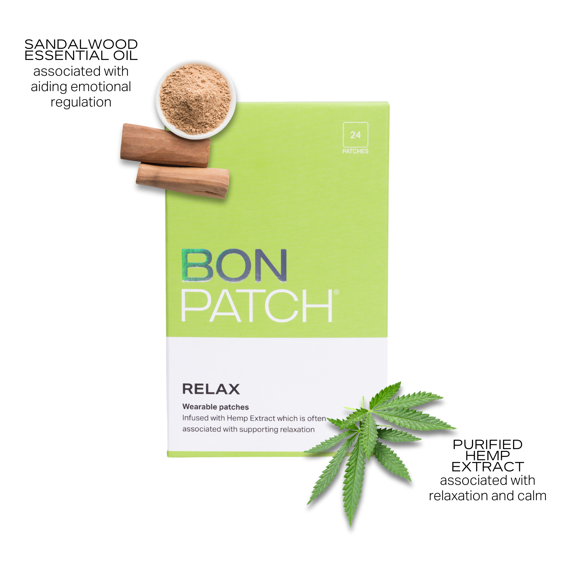 Bon Patch relax wearable patches with sandalwood essential oil and purified hemp extract on a white background.