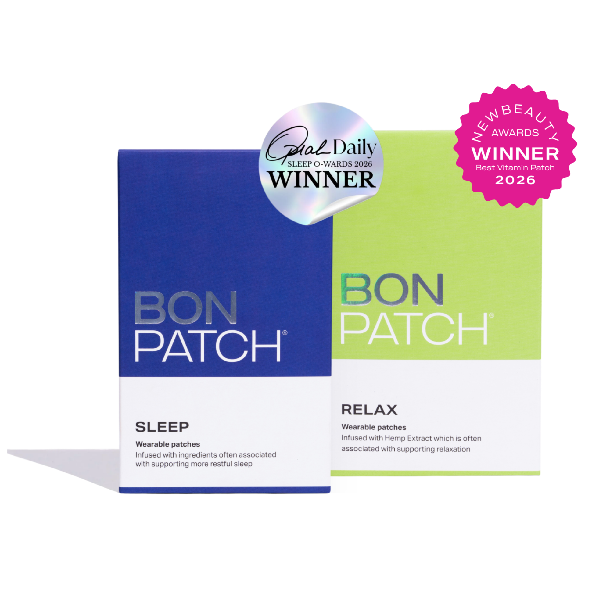 Bon Patch sleep and relax patches packaging with awards on a white background